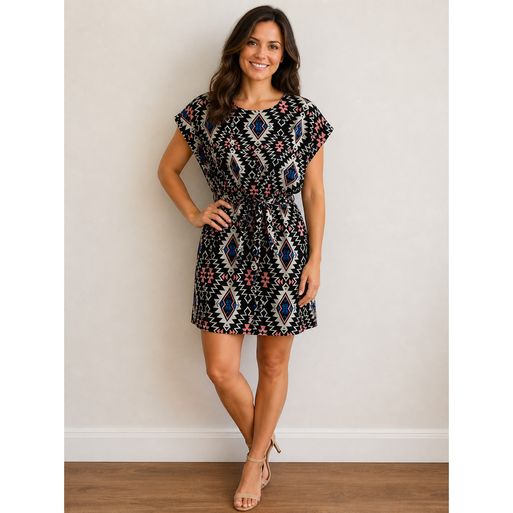 Pink Rose Southwest Aztec Geometric Print Dress Large Belted Short Sleeve Boho
